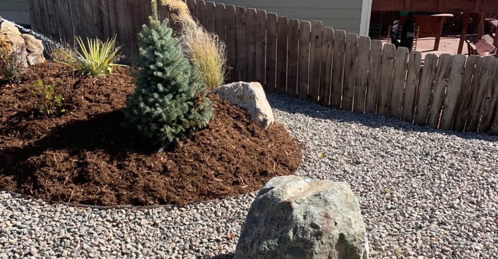 Xeriscaped yard - mulch, grantie rocks